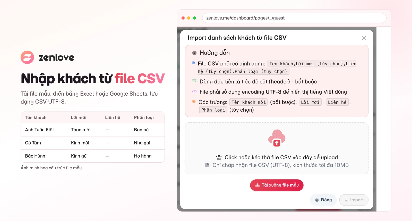 Nhập danh sách khách mời đám cưới từ file CSV lên ZenLove để tạo lời mời hàng loạt