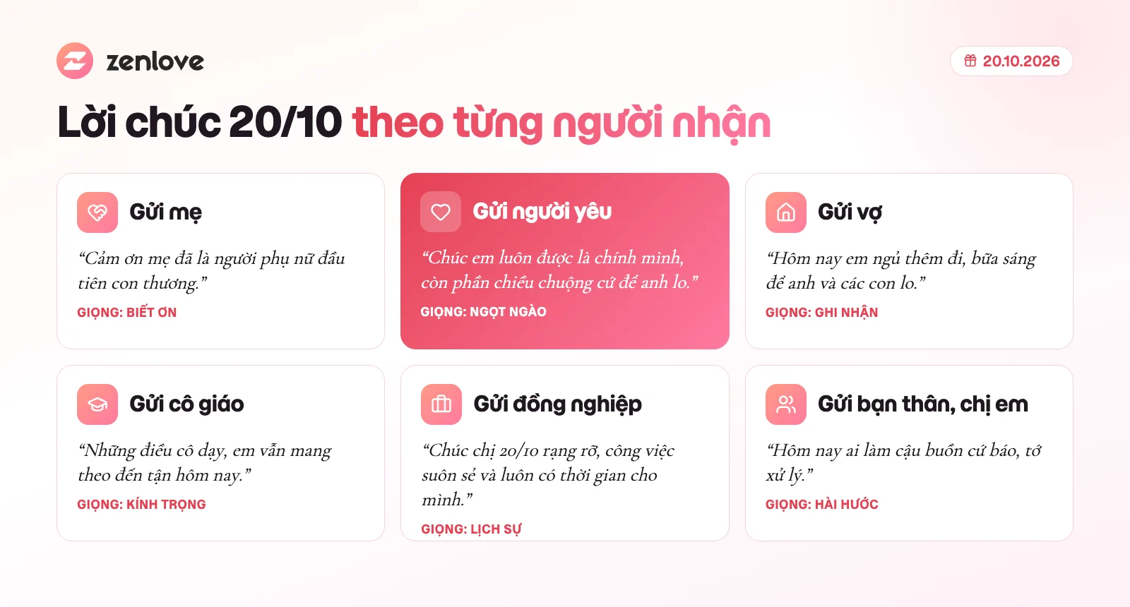 Lời chúc 20/10 cho mẹ, người yêu, vợ, cô giáo, đồng nghiệp và bạn thân