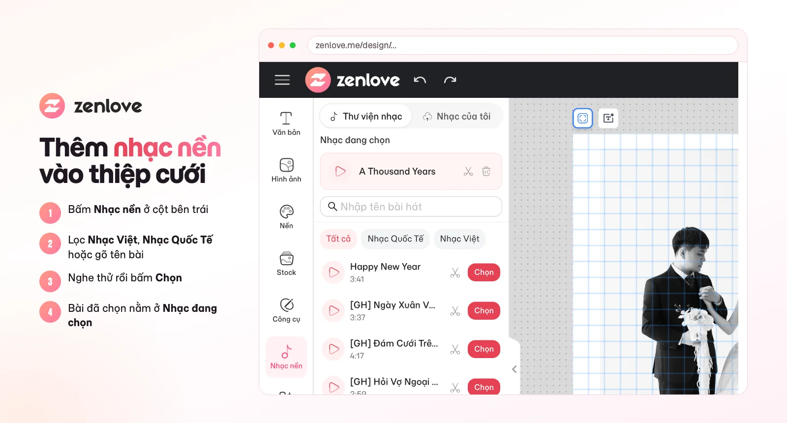 Cách thêm nhạc nền vào thiệp cưới online: tab Thư viện nhạc trong mục Nhạc nền của ZenLove