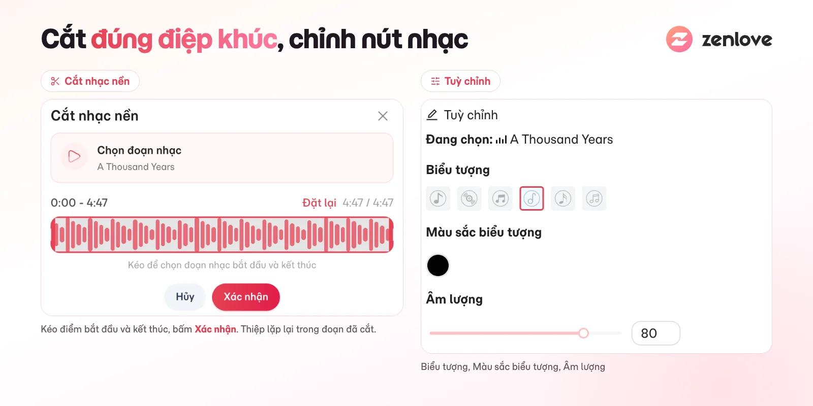 Cửa sổ Cắt nhạc nền và bảng Tuỳ chỉnh biểu tượng, màu, âm lượng cho nhạc nền thiệp cưới