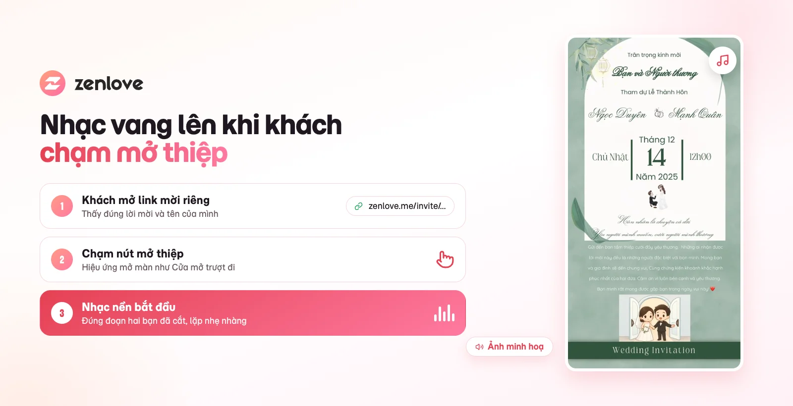 Nhạc nền phát khi khách chạm mở thiệp cưới online có tên khách mời