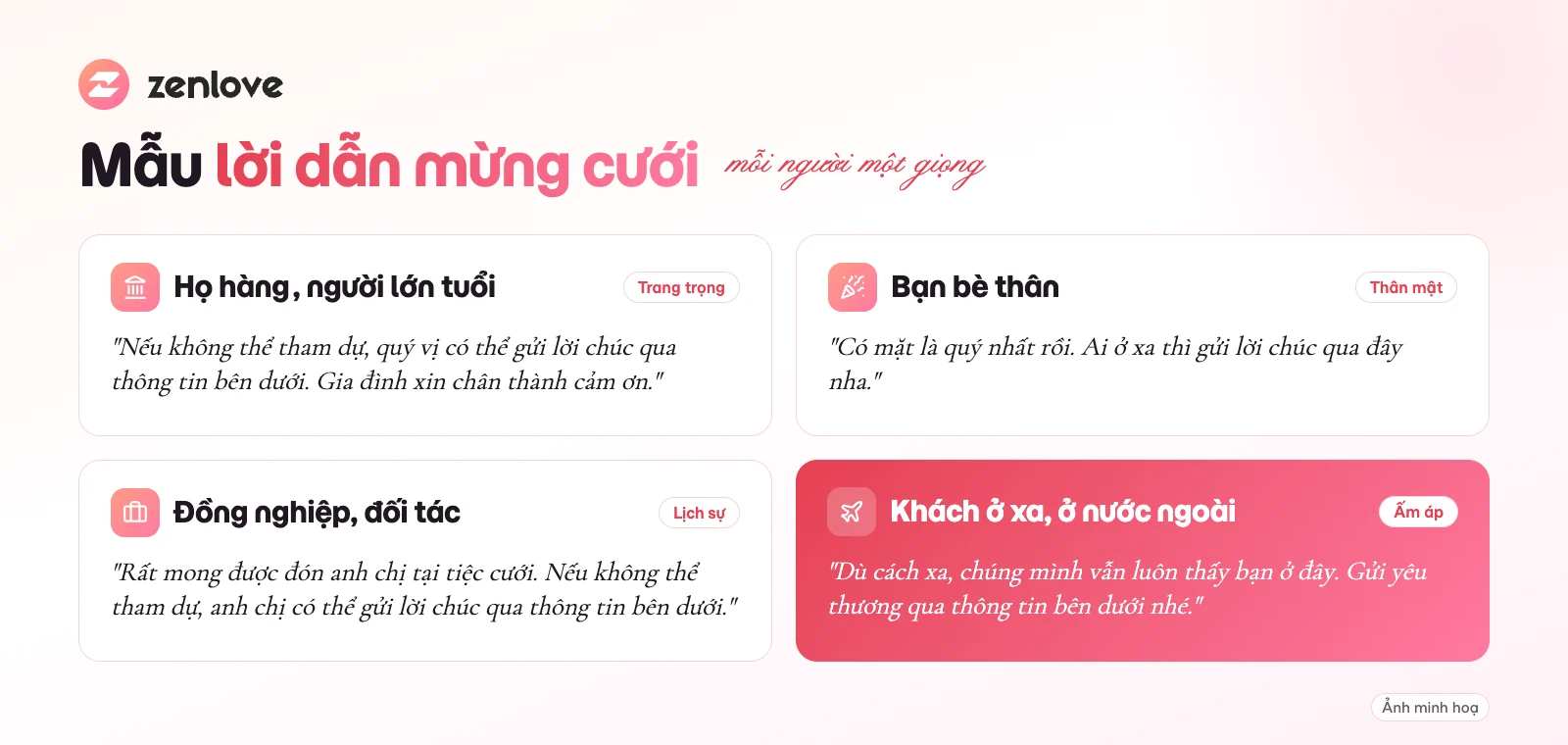 Mẫu lời dẫn mừng cưới chuyển khoản theo từng nhóm khách: họ hàng, bạn bè, đồng nghiệp, khách ở xa