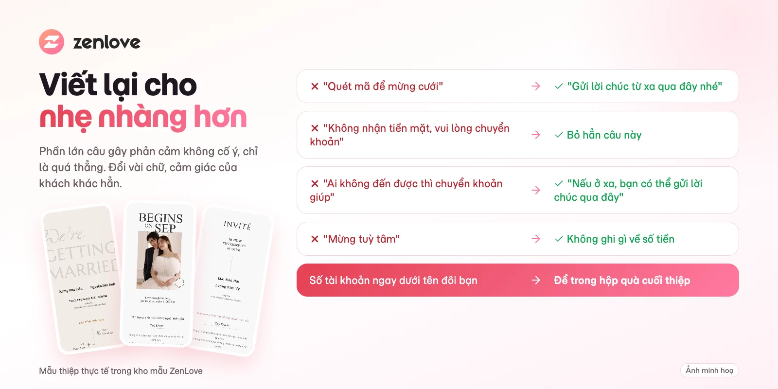 Những câu nên tránh và cách viết lại khi ghi thông tin chuyển khoản trên thiệp cưới