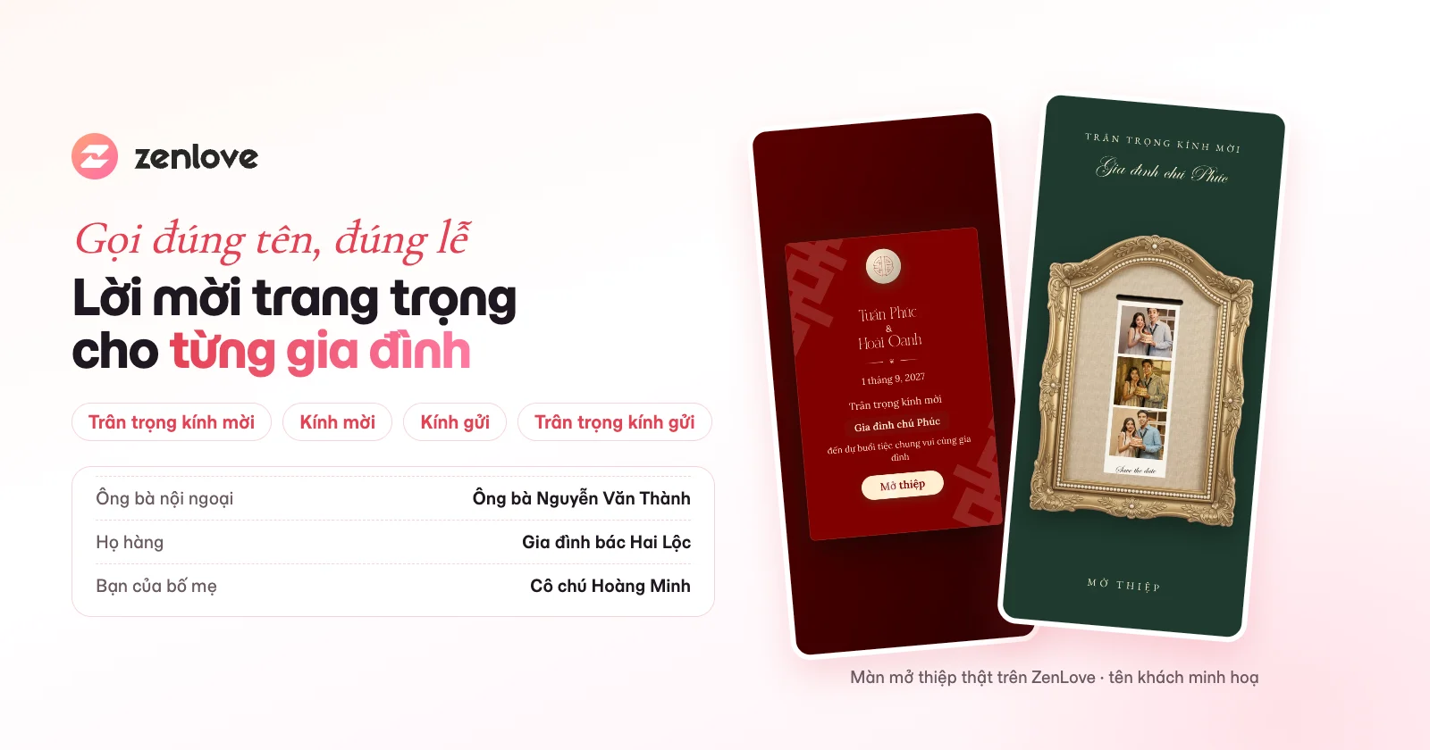 Lời mời Trân trọng kính mời kèm tên khách trên thiệp cưới online gửi người lớn tuổi