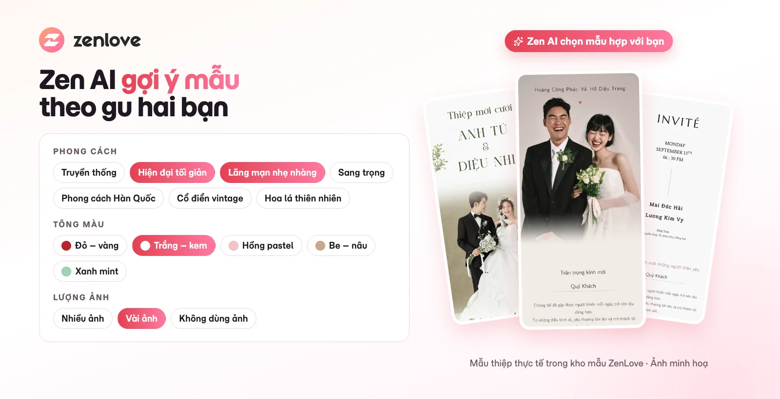 Zen AI gợi ý mẫu thiệp cưới theo phong cách, tông màu và số lượng ảnh của cặp đôi