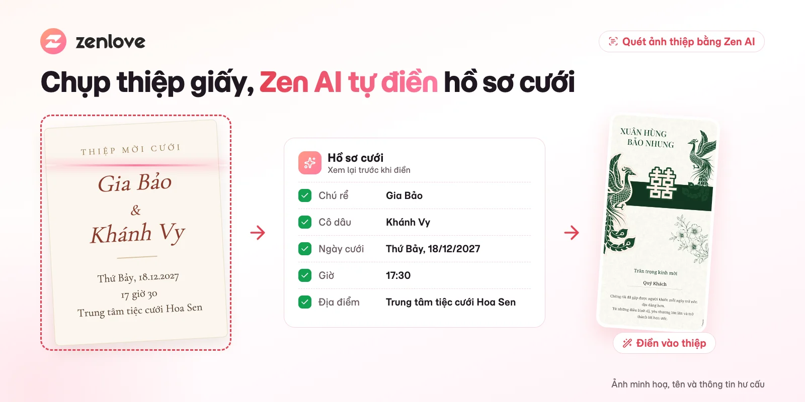 Zen AI quét ảnh thiệp cưới giấy, tự điền tên, ngày giờ và địa điểm vào hồ sơ cưới