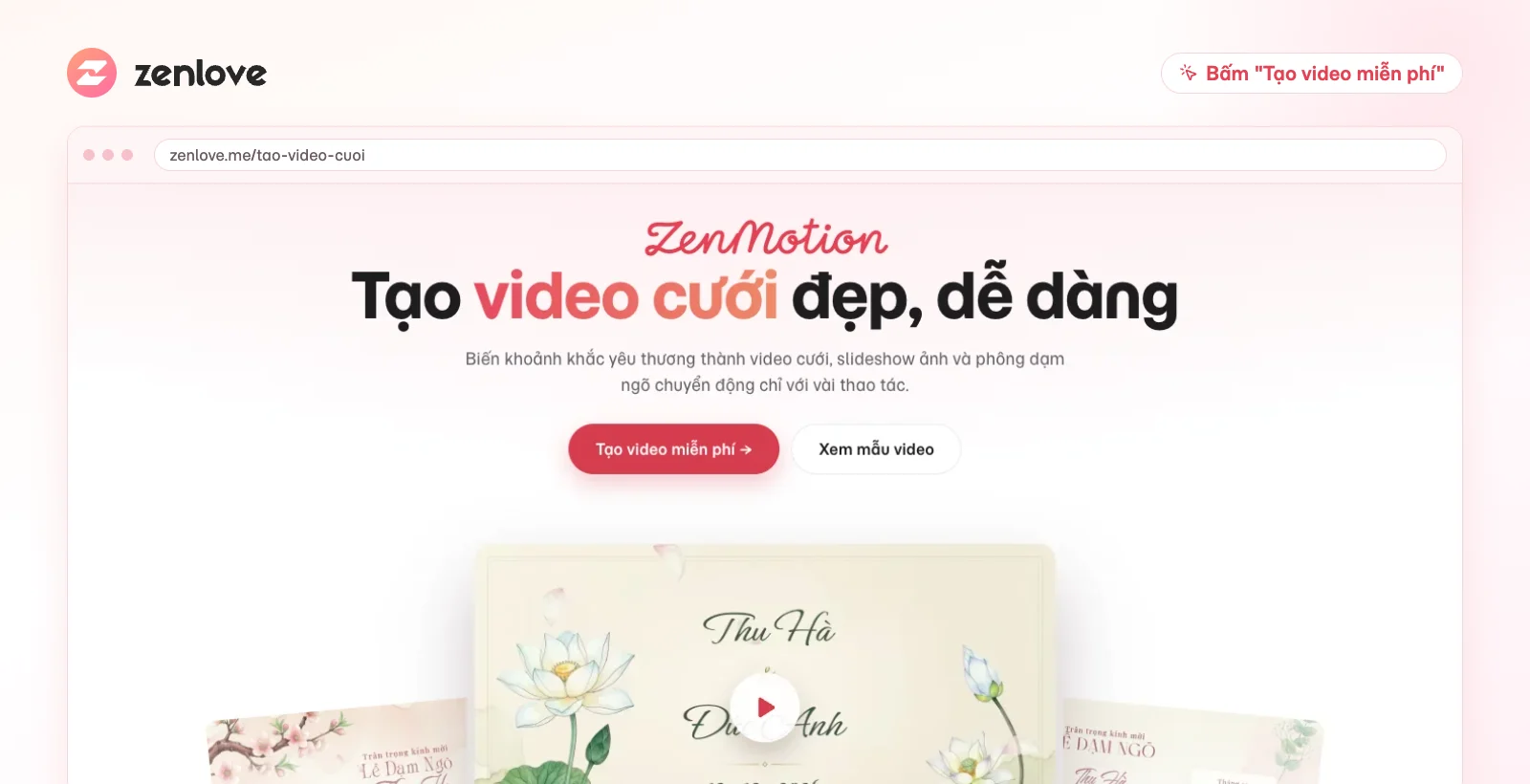 Trang ZenMotion để tạo video cưới, slider cưới và phông dạm ngõ trên ZenLove