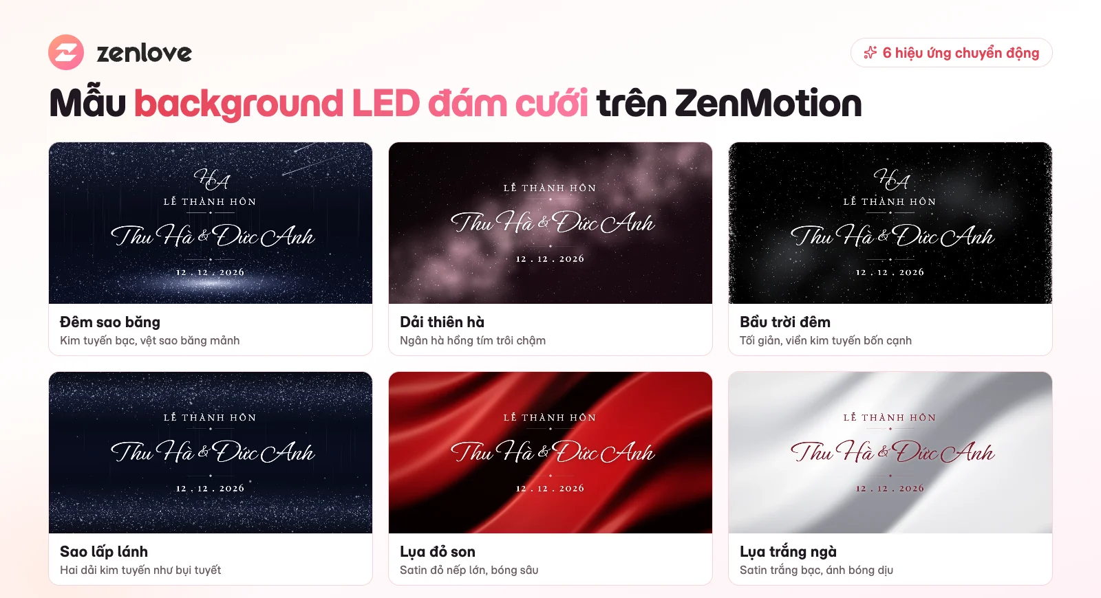 6 mẫu background LED đám cưới chuyển động trên ZenMotion: sao băng, thiên hà, bầu trời đêm, sao lấp lánh, lụa đỏ, lụa trắng