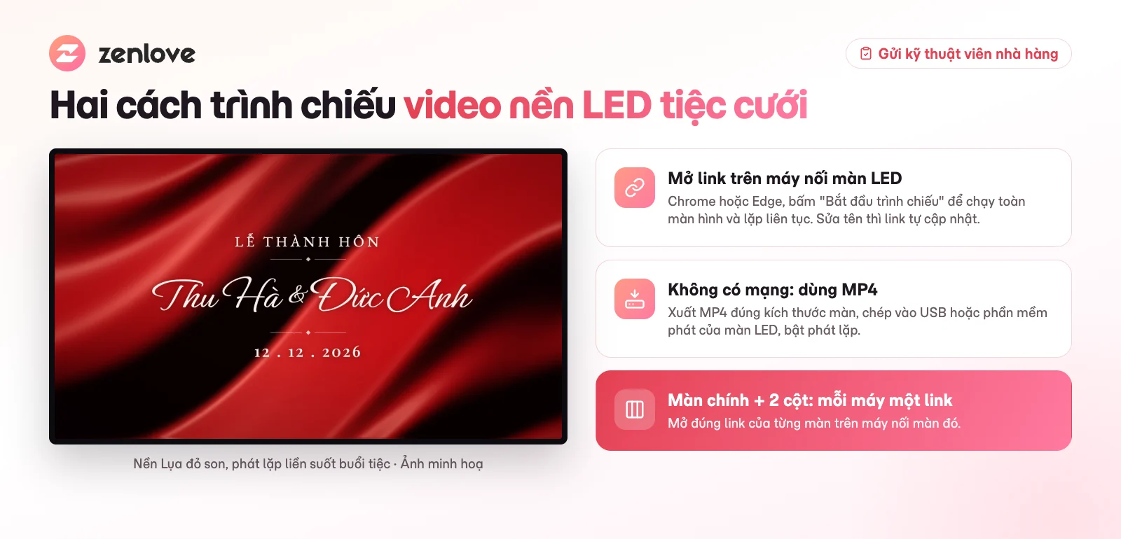 Hai cách trình chiếu video nền LED tiệc cưới: mở link trình chiếu hoặc chép MP4 vào USB