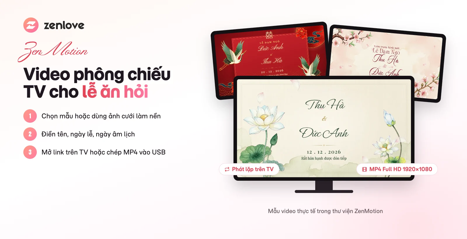Mẫu video phông lễ ăn hỏi chiếu trên TV tạo bằng ZenMotion